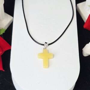 Butterscotch Amber Yellow Cross Necklace Baltic Egg Yolk Amber Pendant Wax Cord